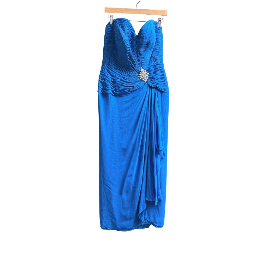 Jovani Cerulean Blue 100% Silk Strapless Gown Crystal Brooch Sz 14 Wedding